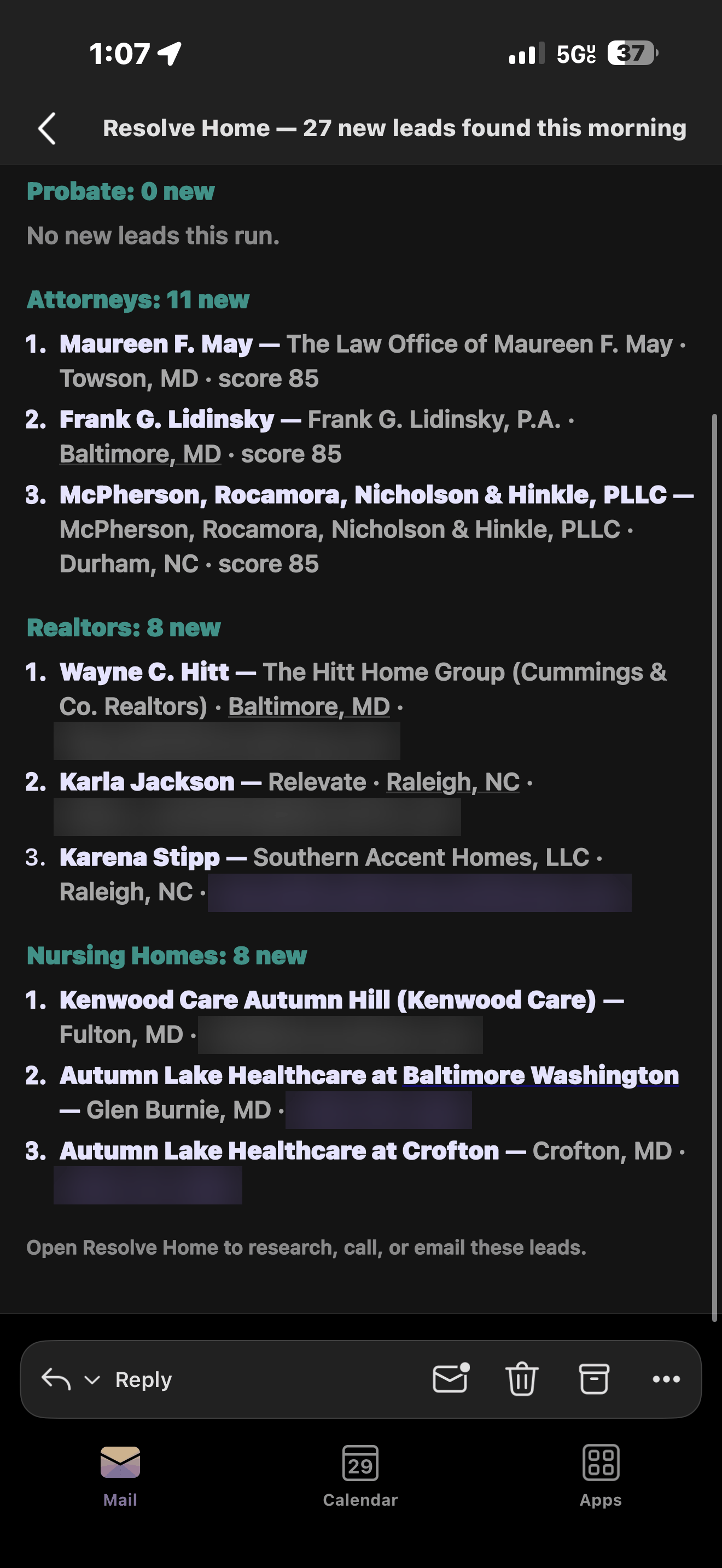 The rest of the daily lead scan email, showing ranked leads with contact details